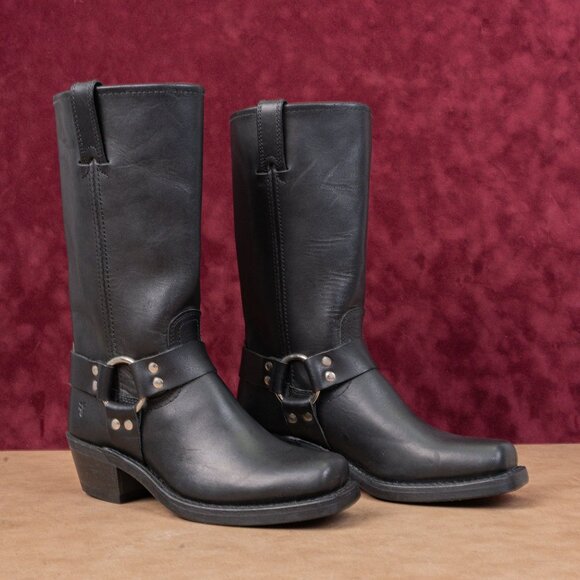 Frye Women Harness 12R Black Moto Biker Leather Mid Calf Boots 7M - Picture 1 of 9